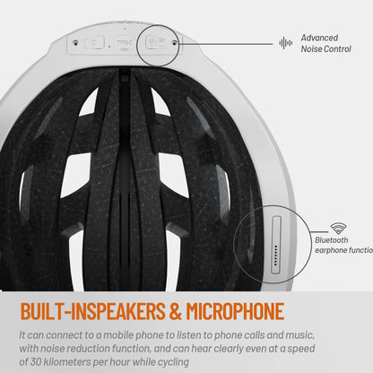 Black and grey adult cycling helmet with integrated Bluetooth warning light on the rear.