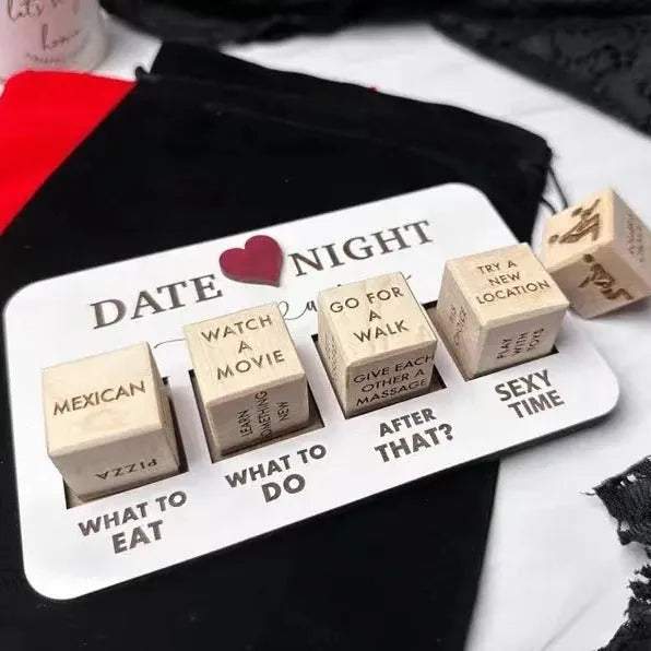 Wooden date night dice set with five 16x10cm dice, planner board, and black storage bag for couple activities