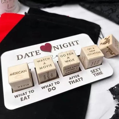 Wooden date night dice set with five 16x10cm dice, planner board, and black storage bag for couple activities
