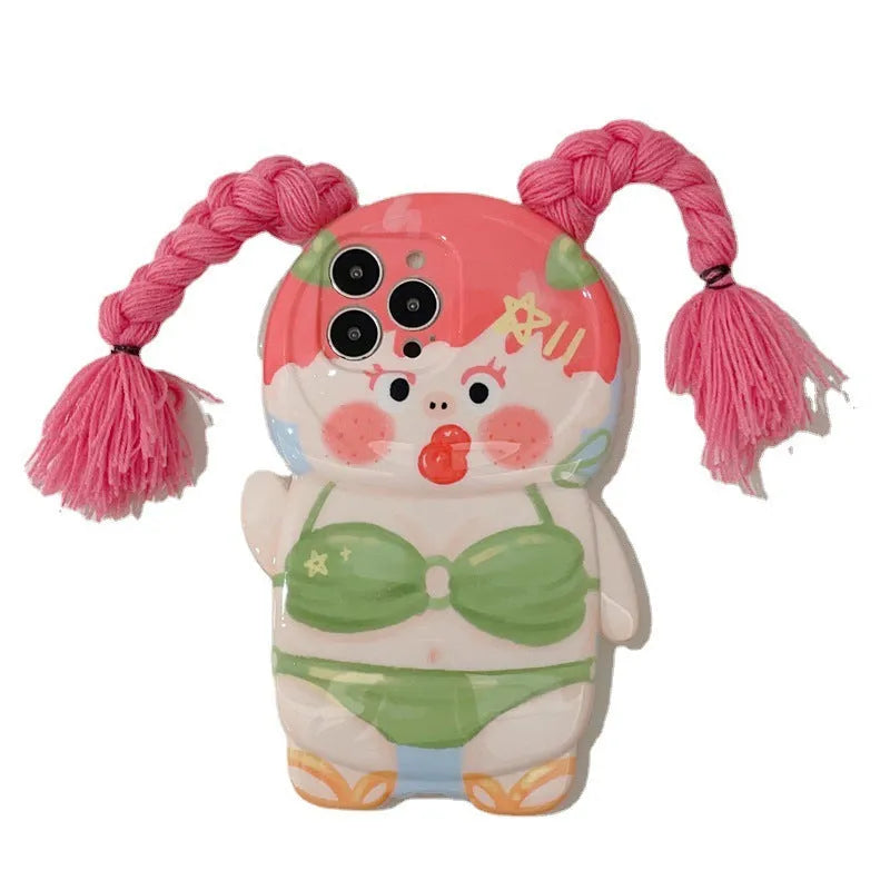 Silicone iPhone case with pink braid green swimsuit girl summer cartoon design