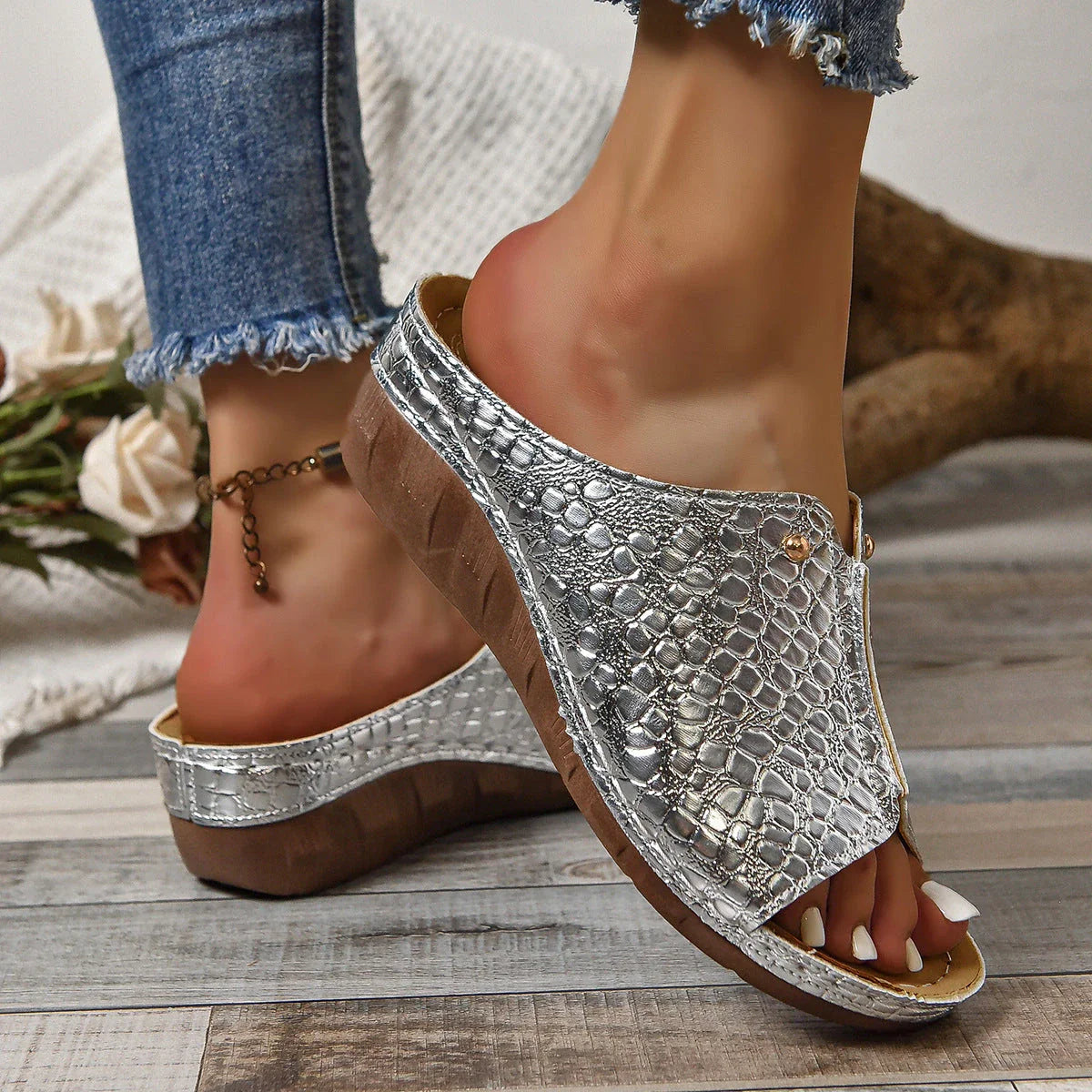 Stylish crocodile-embossed wedge sandals for women in various colors and sizes