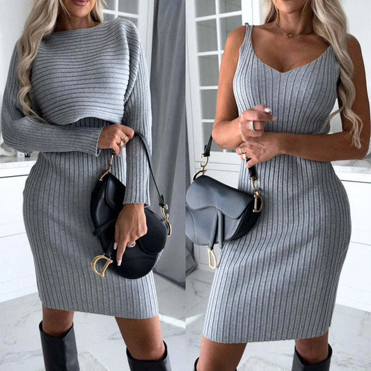 Stylish 2-piece outfit featuring a long-sleeve striped top and suspender skirt in various colors