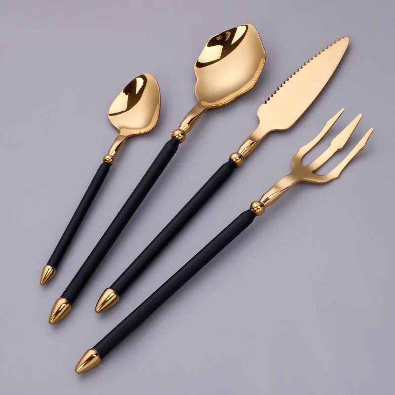 Stainless steel knife, fork, and two spoons set in a choice of seven metallic colour finishes.