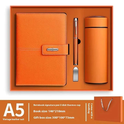 A5 notebook with imitation leather cover in colour options including black, red, green, blue, and orange.