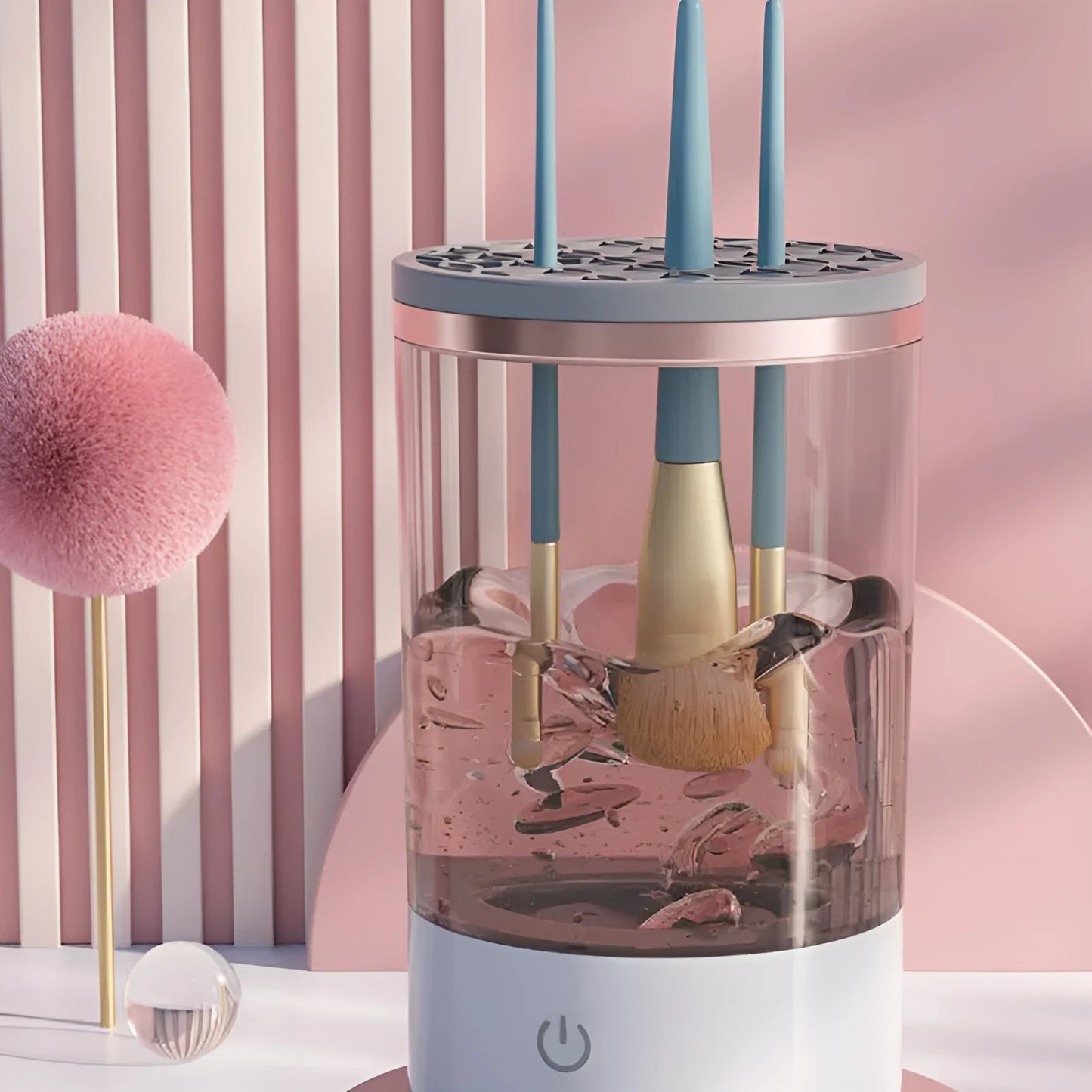 Grey and white portable electric makeup brush cleaner machine with USB charging cable
