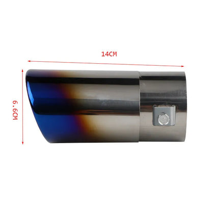 Stainless steel car exhaust tailpipe in baked blue finish, showing straight and curved outlet options.