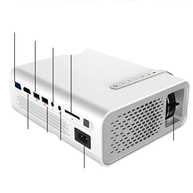 Black or white YG530 mini mobile phone projector on a table, projecting a wireless image.