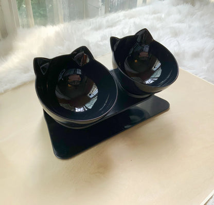 Tilted cat and dog bowls with raised stand, designed to reduce neck strain and protect cervical vertebrae.