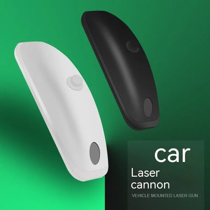 Black and white remote control car strobe light for safety in rain and fog, shown with its charging cable.