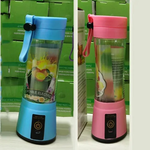 Portable USB blender with six blades in pink colour option showing cup and charging cable