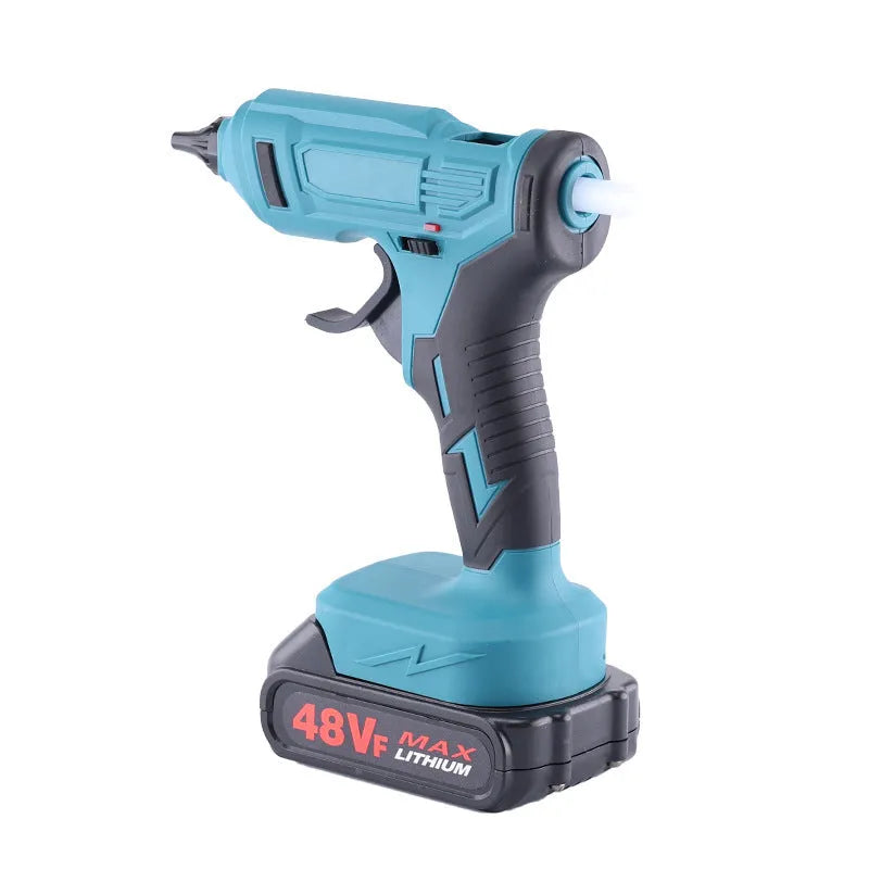 Cordless rechargeable hot melt glue gun with bare metal body, battery, charger, and pack of glue sticks.