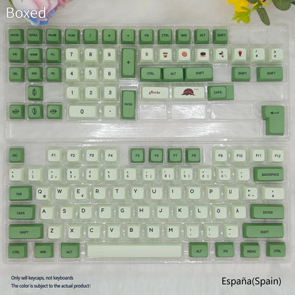 Matcha-themed PBT keycap set with 124 keys and dye-sublimated legends in multiple languages