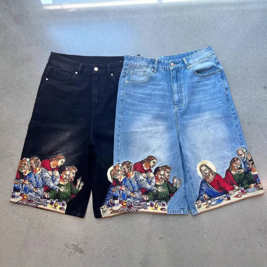 Blue tapered cotton shorts with Jesus print on back pocket