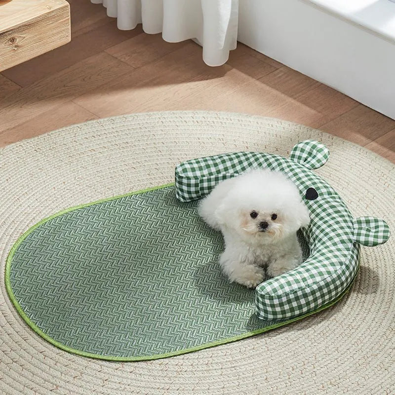 Green and yellow four-season cooling dog mat with waterproof underside in four sizes for small to medium pets