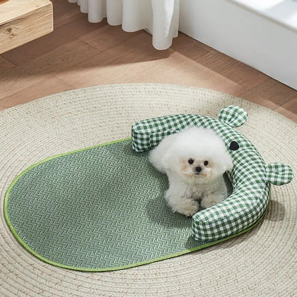 Green and yellow four-season cooling dog mat with waterproof underside in four sizes for small to medium pets