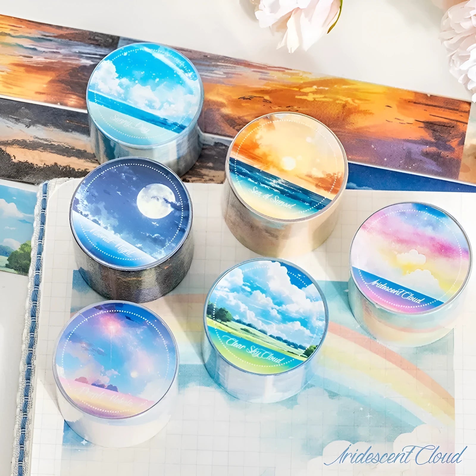 Japanese paper washi tape roll with sky theme decoration, 30mm width, showing colourful clouds pattern