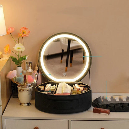 Smart LED makeup bag with adjustable lighting and spacious, organized interior for seamless beauty on the go