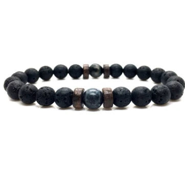 A stylish and durable men's bracelet made with volcanic stone, flash stone, and wood chips