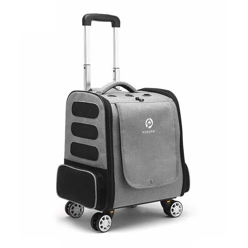 Outdoor Portable Breathable Pet Trolley Bag in grey or blue for safe pet transport