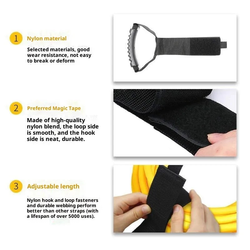 Portable heavy-duty nylon storage strap with Velcro handle for outdoor products, available in S, M, and L.