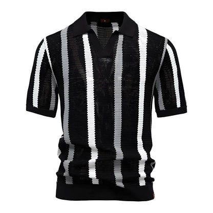 Men's breathable hollow stripe polo shirt sweater in chemical fibre blend fabric for business wear