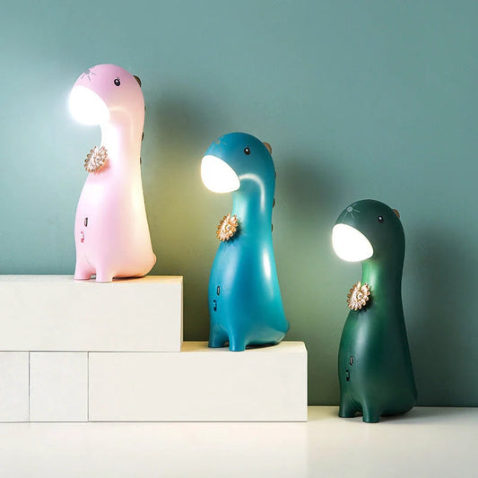 Cute Dinosaur LED Night Light in blue, green, or pink with touch control and rechargeable battery