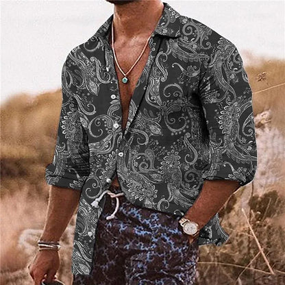 Men's bohemian shirt with 3D floral pattern digital printing, loose fit long sleeves