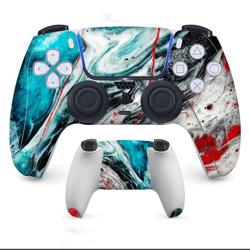 Set of non-adhesive micro-frosted vinyl stickers for PS5 controller, showing front and back pieces.