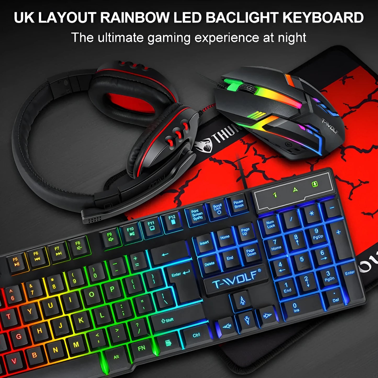 Thunder Wolf gaming keyboard mouse set with luminous effects and matching headset on mouse pad