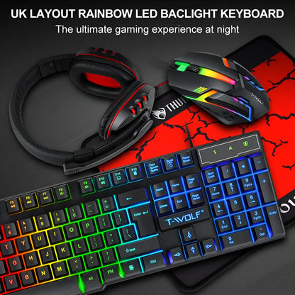 Thunder Wolf gaming keyboard mouse set with luminous effects and matching headset on mouse pad