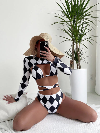 Ladies long sleeve plaid bikini three-piece swimsuit set
