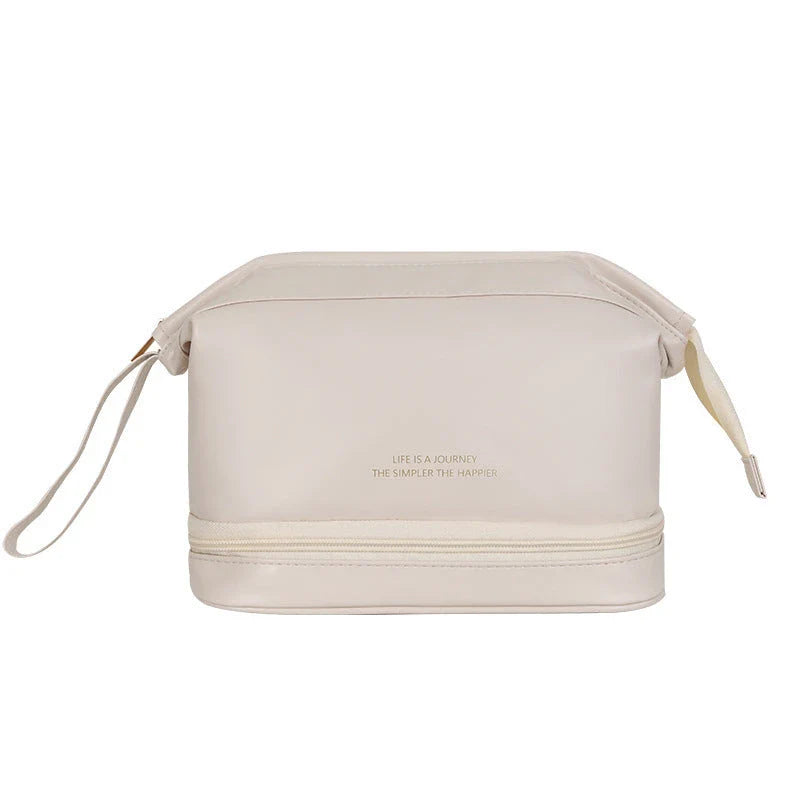 Premium PU leather cosmetic bag with large capacity, versatile storage, and water-resistant design for modern women on the go