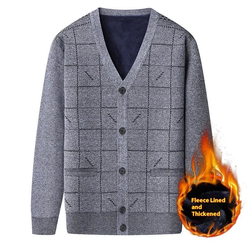 Men's dark grey batwing sleeve cardigan with wool lining shown on a hanger