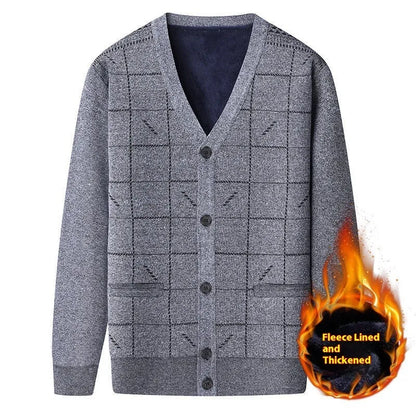 Men's dark grey batwing sleeve cardigan with wool lining shown on a hanger