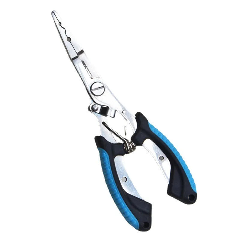 SS420 steel fishing pliers with ABS plastic handle in blue, green or red, shown with nylon bag and carrying strap