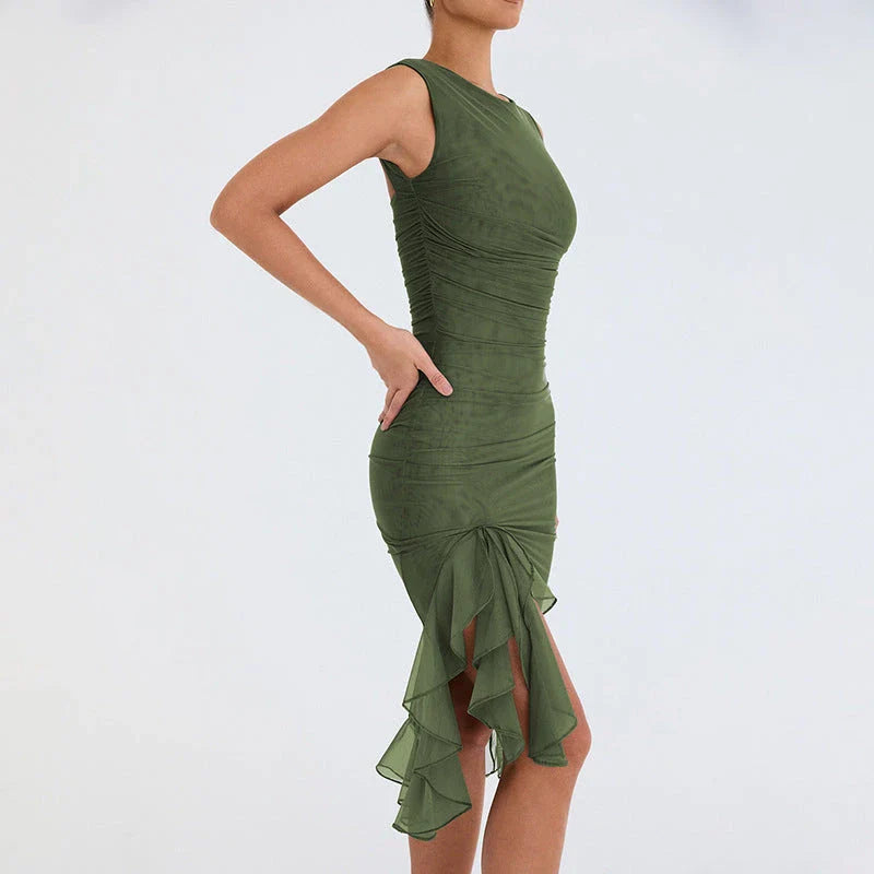 Chic sleeveless sheath dress in various colors, featuring a unique collage/splicing design and a form-fitting silhouette
