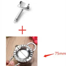Stainless steel dumpling mould and rectangular dough cutter on a kitchen surface.