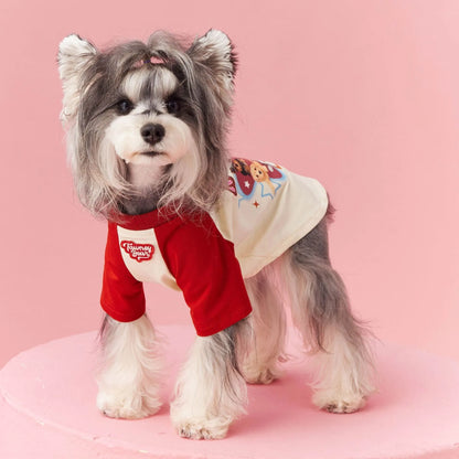 Red cotton dog summer clothes with contrast embroidery, laid flat showing size label.