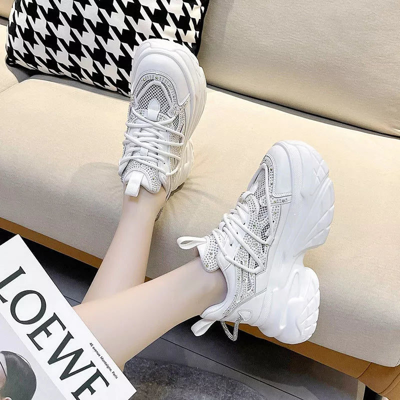Women's summer mesh breathable sneakers with mid heel in black, white, and pink
