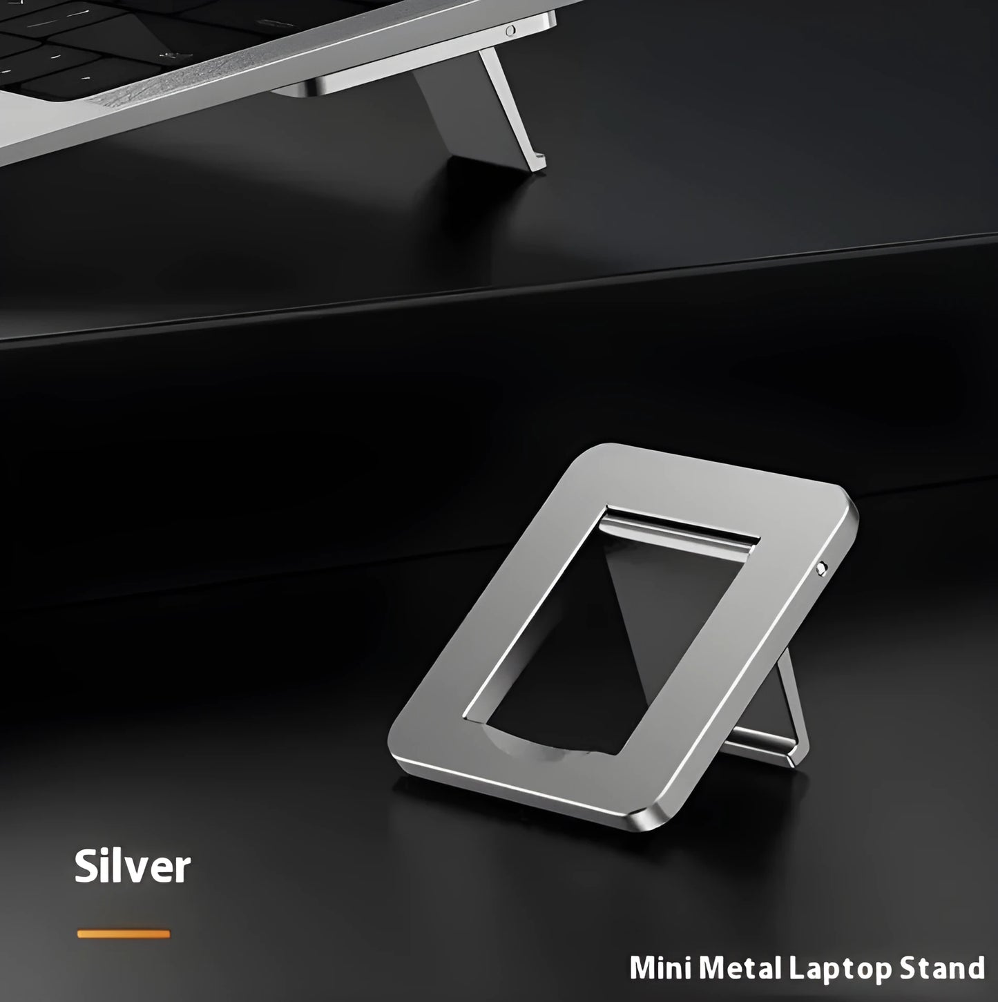 Compact foldable aluminium alloy laptop stand bracket shown with adhesive backing