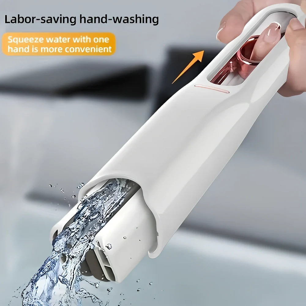 Portable self-squeezing mini mop with biodegradable cotton head and 180-degree folding mechanism