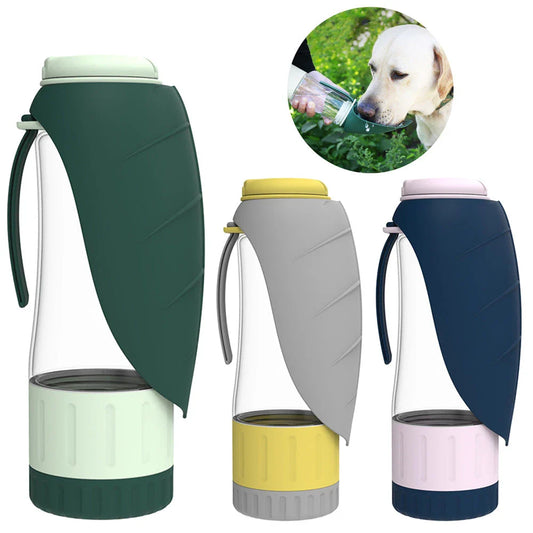 Multifunction pet water bottle with collapsible feeding bowl in green, grey, and blue colors for hydrating and feeding pets during travel and outdoor activities