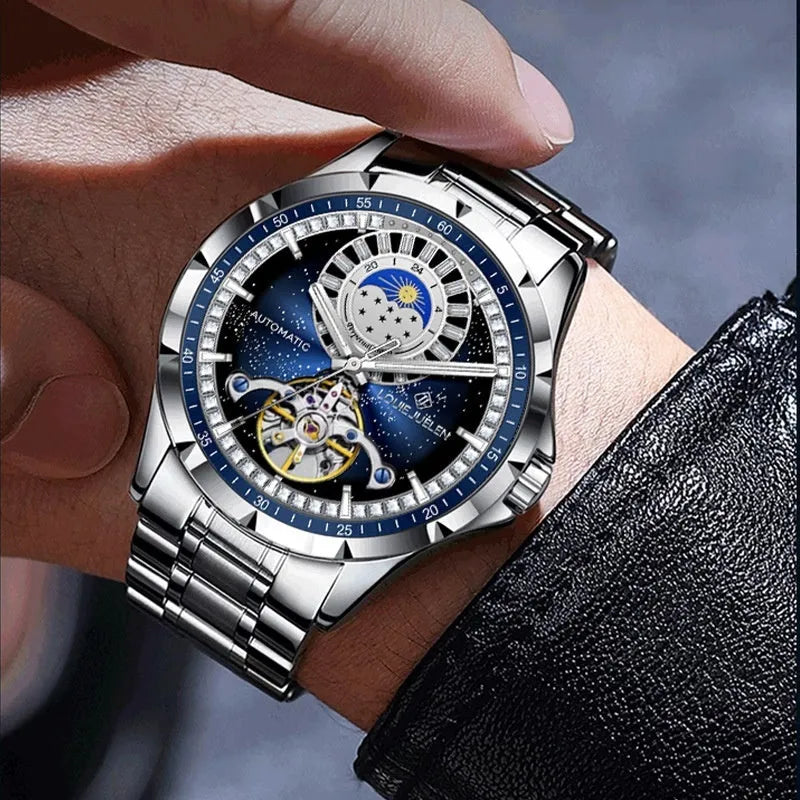 Men's silver alloy case waterproof automatic watch with blue face and stainless steel strap