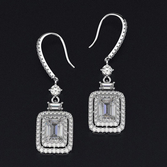 Elegant platinum-plated square diamond ear hooks with a classic geometric design and white gold-toned finish