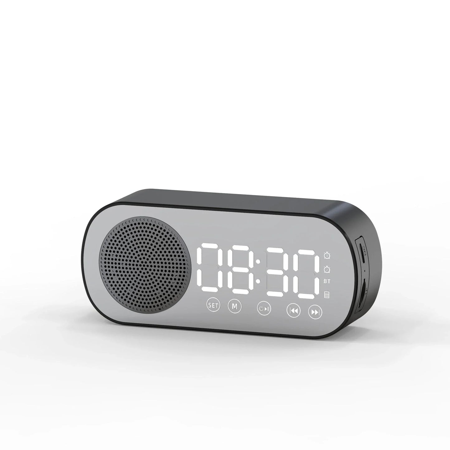 Versatile Bluetooth alarm clock with mirror finish, FM radio, and phone holder