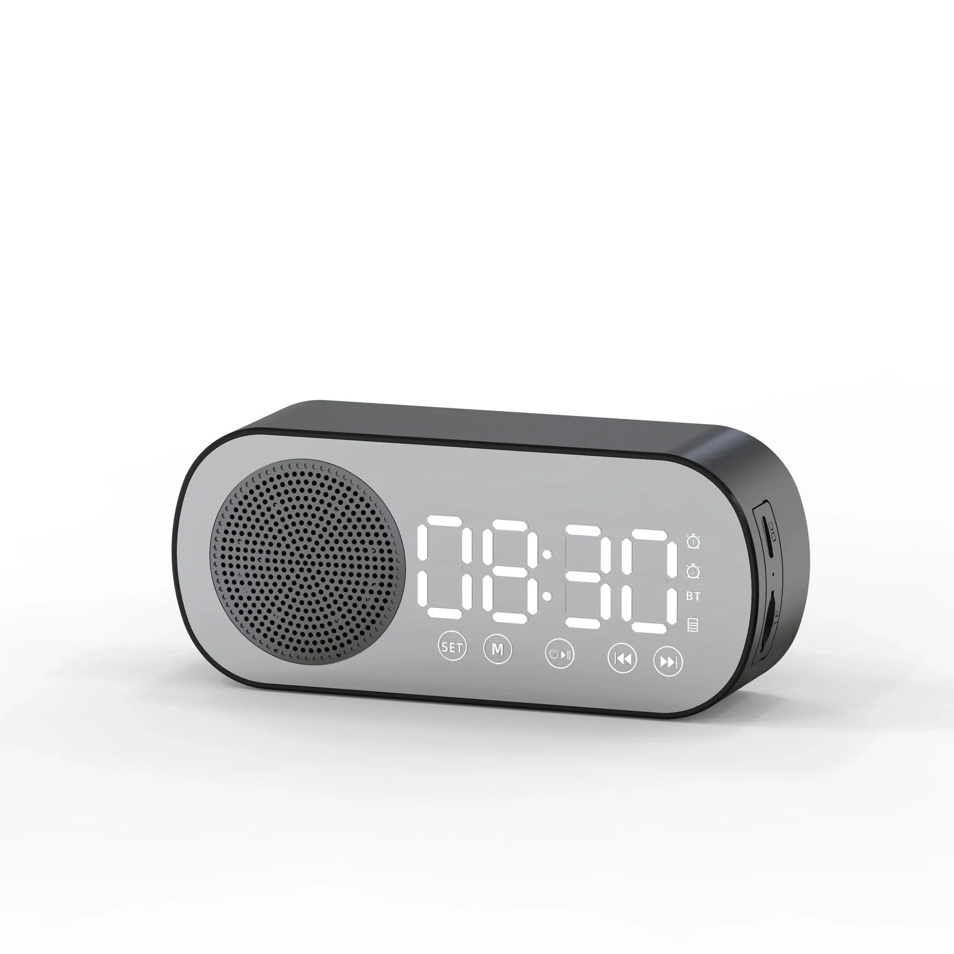 Versatile Bluetooth alarm clock with mirror finish, FM radio, and phone holder