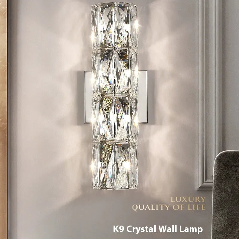 Silver or gold linear crystal wall lamp with LED lighting in various lengths for hallway or bedroom.