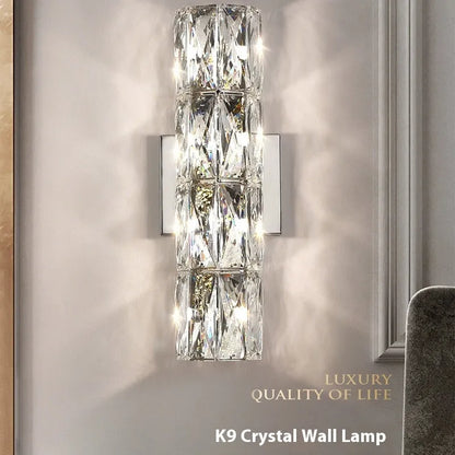 Silver or gold linear crystal wall lamp with LED lighting in various lengths for hallway or bedroom.