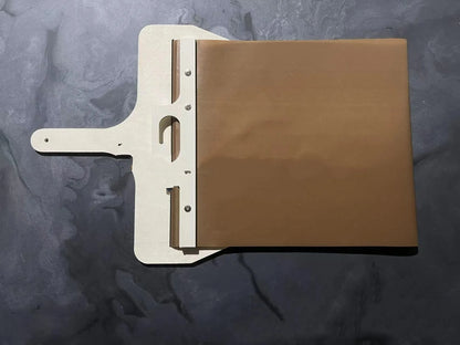 Wooden sliding pizza peel storage board in natural log colour with three size options.