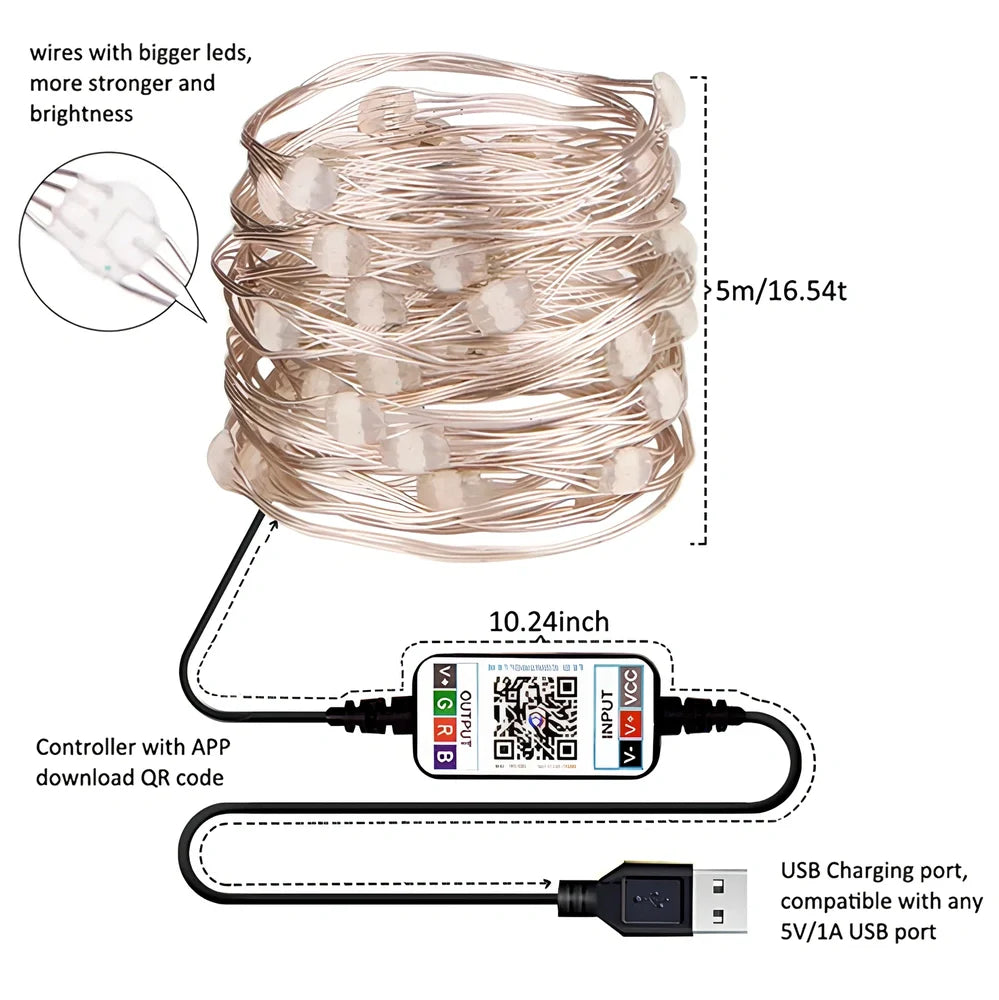 Bluetooth APP-controlled LED light string with flexible copper wire and plastic shell for indoor decoration